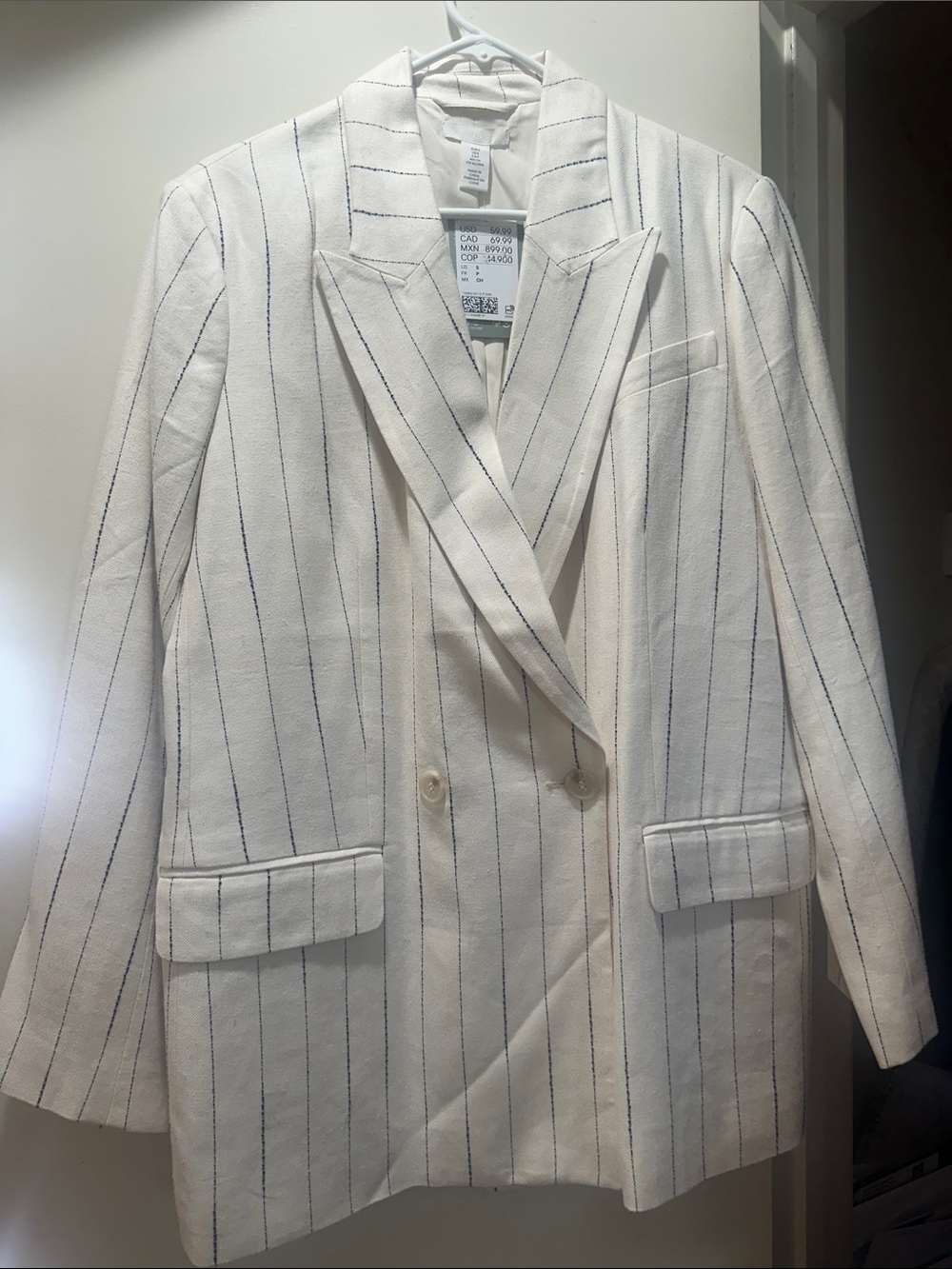 H&M Cream Double-Breasted Pinstripe Blazer